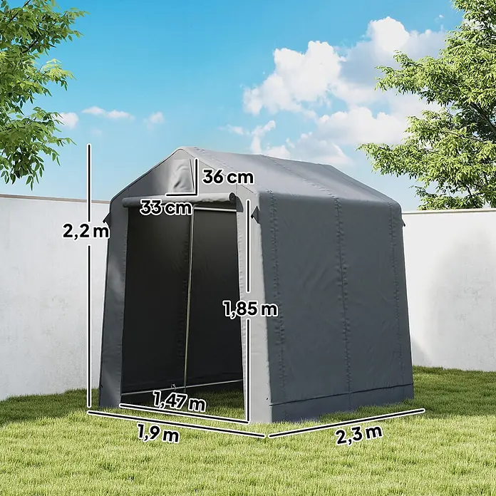 Outsunny Gerätehaus - Außenbreite inkl. Dachüberstand: 190 cm, Außentiefe inkl. Dachüberstand: 230 cm, Polyester, Dunkelgrau - Graues Outdoor-Lagerzelt mit Maßen in einer Gartenumgebung.