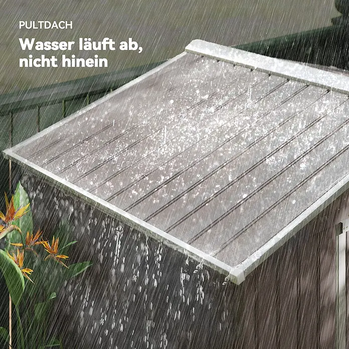 Outsunny Gerätehaus - Außenbreite inkl. Dachüberstand: 213 cm, Außentiefe inkl. Dachüberstand: 130 cm, Stahl, Grau - Pultdach, das effektiv Regenwasser abweist.