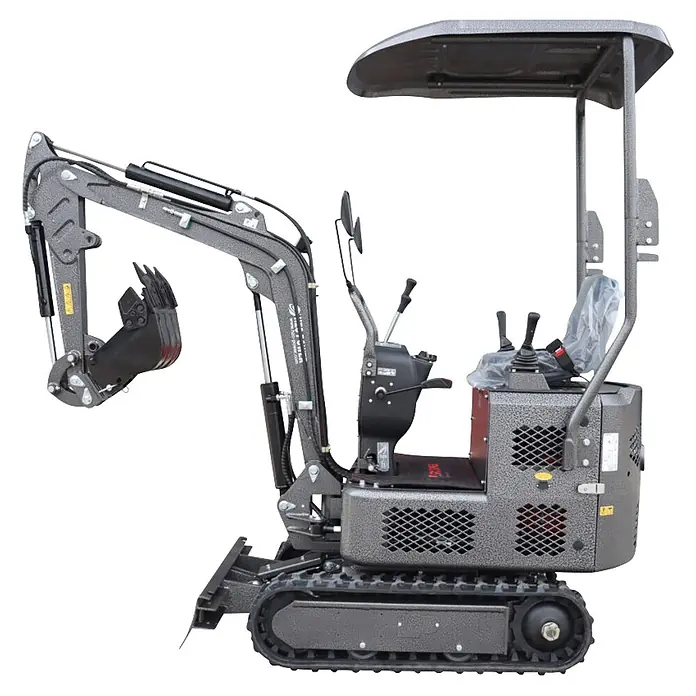 HZC Power Minibagger DKB991S - 7 kW, Diesel, Auslegerschwenkbereich: -60 ° - 60 ° - Kompakter grauer Minibagger mit Metallfinish, Raupenfahrwerk, Grabarm mit Schaufel, Fahrersitz und Schutzdach.