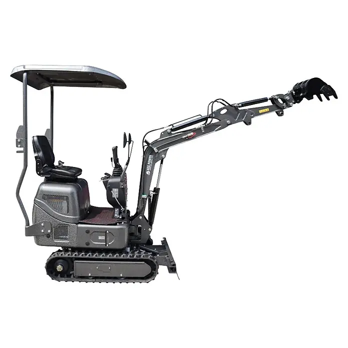HZC Power Minibagger DKB941S - 7 kW, Diesel, Auslegerschwenkbereich: -60 ° - 60 ° - Kompakter grauer Minibagger auf Raupen mit Überdachung, Fahrersitz, Steuerhebeln, Gelenkarm und Grabschaufel.