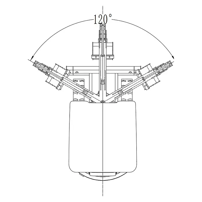 HZC Power Minibagger DKB991S - 7 kW, Diesel, Auslegerschwenkbereich: -60 ° - 60 ° - Technische Zeichnung eines Mechanismus mit Gelenkarmen, der einen Bewegungsbereich von 120 Grad zeigt.