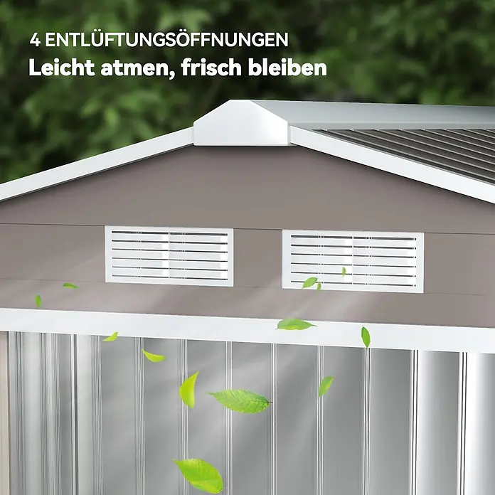 Outsunny Gerätehaus - Außenbreite inkl. Dachüberstand: 213 cm, Außentiefe inkl. Dachüberstand: 130 cm, Stahl, Grau - Detailaufnahme des Giebels eines braunen Schuppens mit zwei weißen Lüftungsöffnungen, die frische Luft durch Blätter im Wind andeuten.