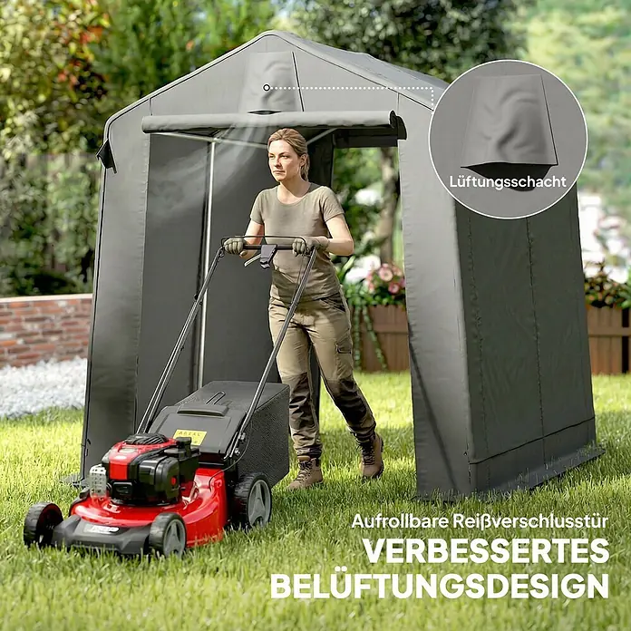 Outsunny Gerätehaus - Außenbreite inkl. Dachüberstand: 190 cm, Außentiefe inkl. Dachüberstand: 230 cm, Polyester, Dunkelgrau - Dunkelgraues Stoff-Lagerzelt; eine Frau schiebt einen roten Rasenmäher aus der aufrollbaren Reißverschlusstür, mit Lüftungsschacht.