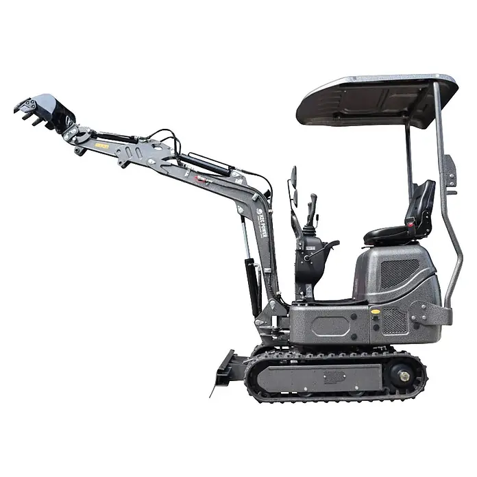 HZC Power Minibagger DKB941S - 7 kW, Diesel, Auslegerschwenkbereich: -60 ° - 60 ° - Grauer Minibagger mit Verdeck, Gelenkarm mit Greifer, schwarzem Sitz und Raupenfahrwerk.
