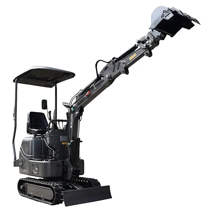 HZC Power Minibagger DKB941S - 7 kW, Diesel, Auslegerschwenkbereich: -60 ° - 60 ° - Dunkelgrauer Minibagger mit Verdeck, Gummiketten und einem Gelenkarm mit Schaufel.