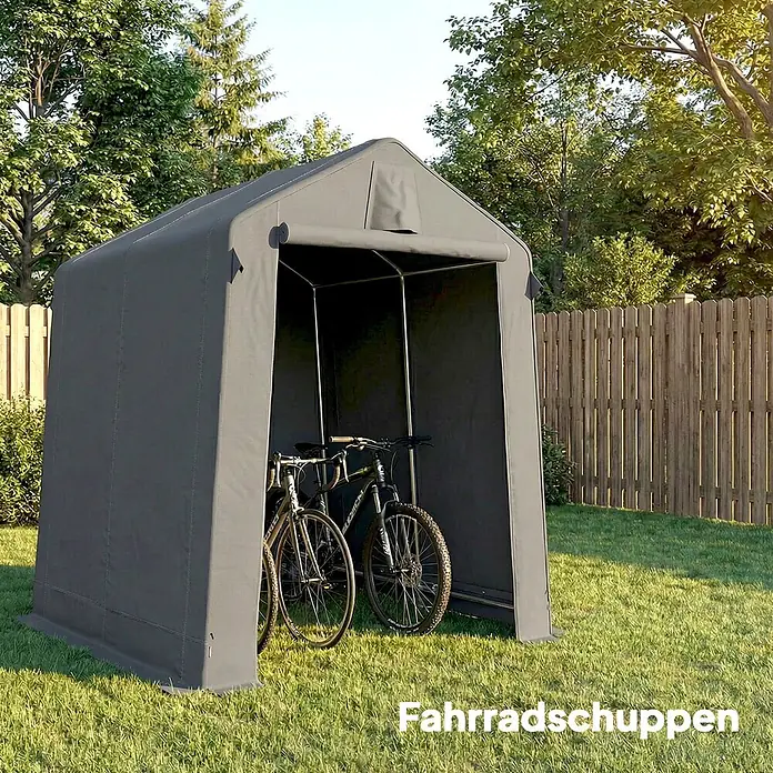 Outsunny Gerätehaus - Außenbreite inkl. Dachüberstand: 190 cm, Außentiefe inkl. Dachüberstand: 230 cm, Polyester, Dunkelgrau - Dunkelgrauer Stoff-Fahrradschuppen, zeltähnlich, mit zwei Fahrrädern im Garten.