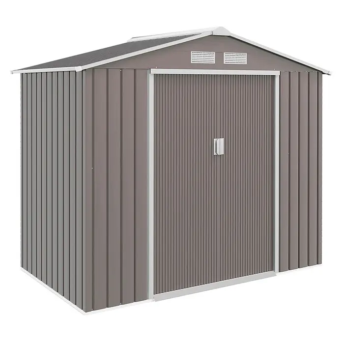 Outsunny Gerätehaus - Außenbreite inkl. Dachüberstand: 213 cm, Außentiefe inkl. Dachüberstand: 130 cm, Stahl, Grau - Ein brauner Wellblech-Gartenschuppen mit weißem Dachrand und einer Einzelschiebetür.