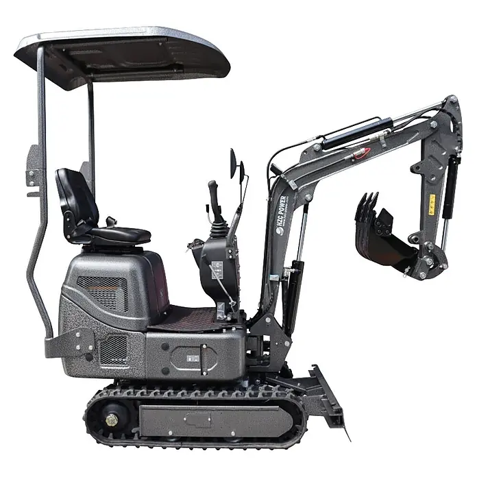 HZC Power Minibagger DKB941S - 7 kW, Diesel, Auslegerschwenkbereich: -60 ° - 60 ° - Kompakter, dunkelgrauer Minibagger mit Verdeck, Fahrersitz und Schaufelarm auf Ketten.