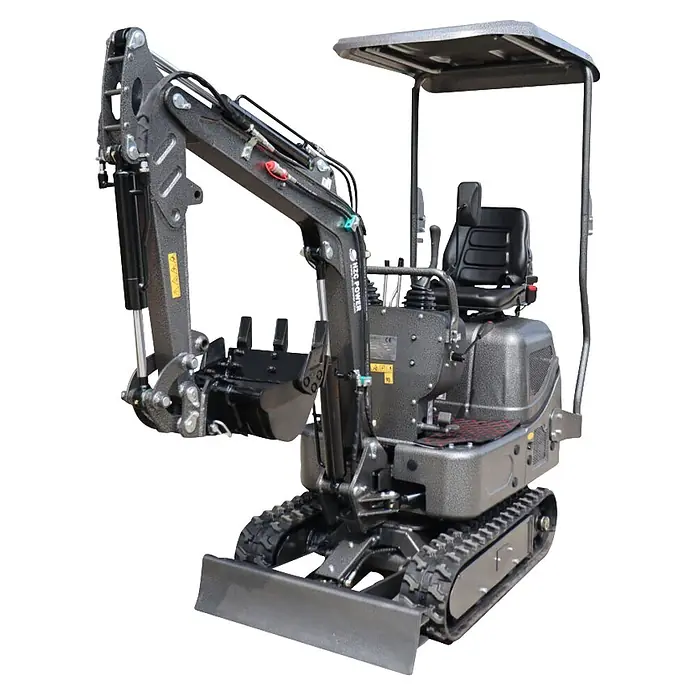 HZC Power Minibagger DKB941S - 7 kW, Diesel, Auslegerschwenkbereich: -60 ° - 60 ° - Kompakter dunkelgrauer Minibagger mit Gummiketten, Gelenkarm, Schaufel, Fahrersitz und Schutzdach.