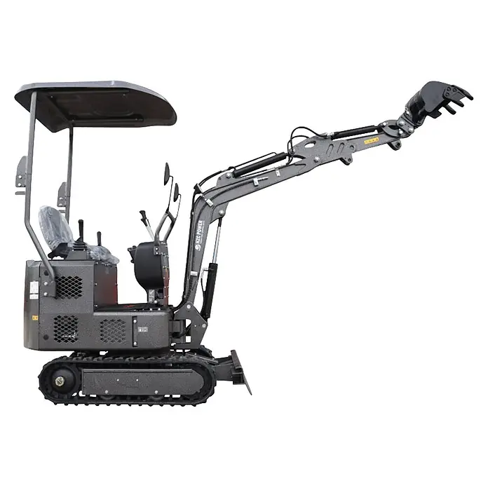 HZC Power Minibagger DKB991S - 7 kW, Diesel, Auslegerschwenkbereich: -60 ° - 60 ° - Grauer Minibagger mit Kabinendach, Fahrersitz, Kettenfahrwerk und Gelenkarm mit Greifschaufel.