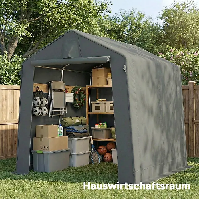 Outsunny Gerätehaus - Außenbreite inkl. Dachüberstand: 190 cm, Außentiefe inkl. Dachüberstand: 230 cm, Polyester, Dunkelgrau - Graues Outdoor-Lagerzelt im Garten, gefüllt mit organisierten Kisten, Sport- und Haushaltsartikeln. Bietet kompakten, wetterfesten Stauraum.