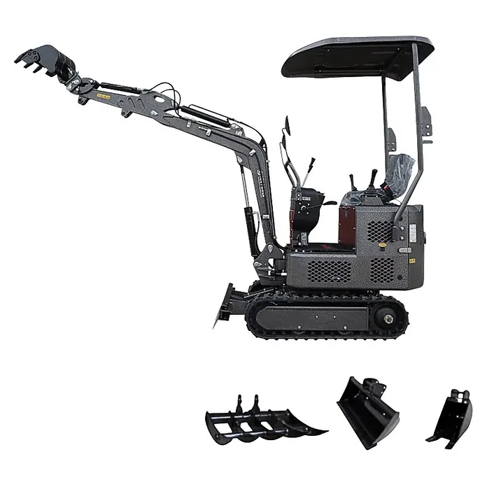HZC Power Minibagger DKB991S - 7 kW, Diesel, Auslegerschwenkbereich: -60 ° - 60 ° - Grauer Minibagger mit Kettenantrieb und Gelenkarm, abgebildet mit vier verschiedenen Schaufelaufsätzen.