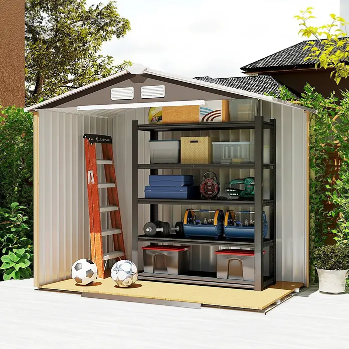 Outsunny Gerätehaus - Außenbreite inkl. Dachüberstand: 213 cm, Außentiefe inkl. Dachüberstand: 130 cm, Stahl, Grau - Weiß-brauner Metall-Gartenschuppen, geöffnet mit organisierten Regalen für Werkzeuge und Sportgeräte.