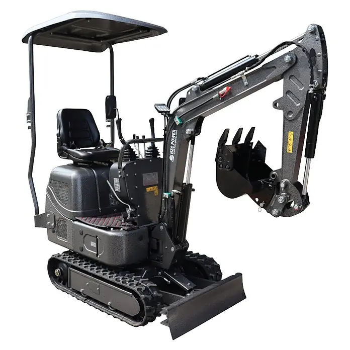 HZC Power Minibagger DKB941S - 7 kW, Diesel, Auslegerschwenkbereich: -60 ° - 60 ° - Dunkelgrauer Minibagger mit Gummiketten, Grabarm, Schaufel und Fahrerüberdachung.