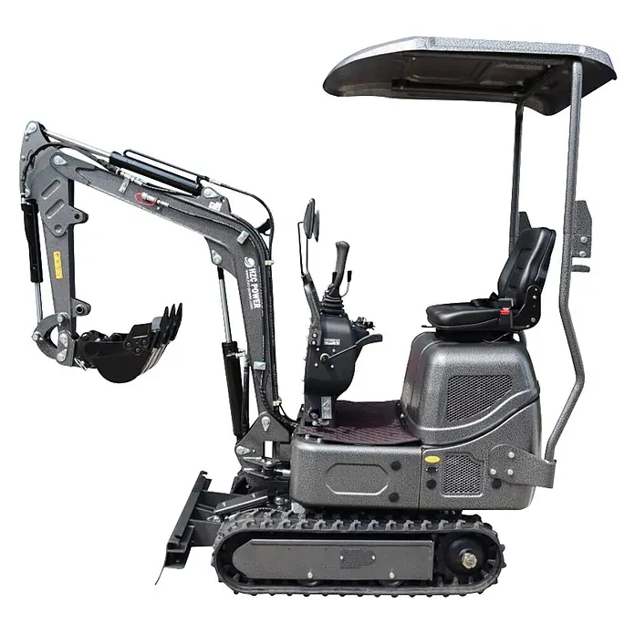 HZC Power Minibagger DKB941S - 7 kW, Diesel, Auslegerschwenkbereich: -60 ° - 60 ° - Dunkelgrauer Minibagger mit Kettenfahrwerk, Grabausleger, Schaufel, Fahrersitz und Überdachung.
