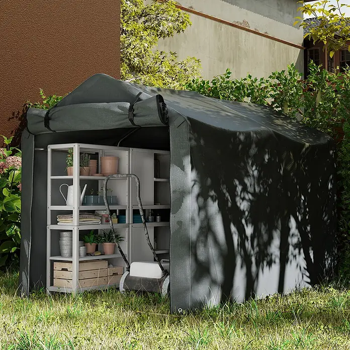 Outsunny Gerätehaus - Außenbreite inkl. Dachüberstand: 157 cm, Außentiefe inkl. Dachüberstand: 220 cm, Stahl, Dunkelgrau - Dunkelgraue Stoff-Gartenhütte, offen mit Regalen für Gartengeräte und Rasenmäher.
