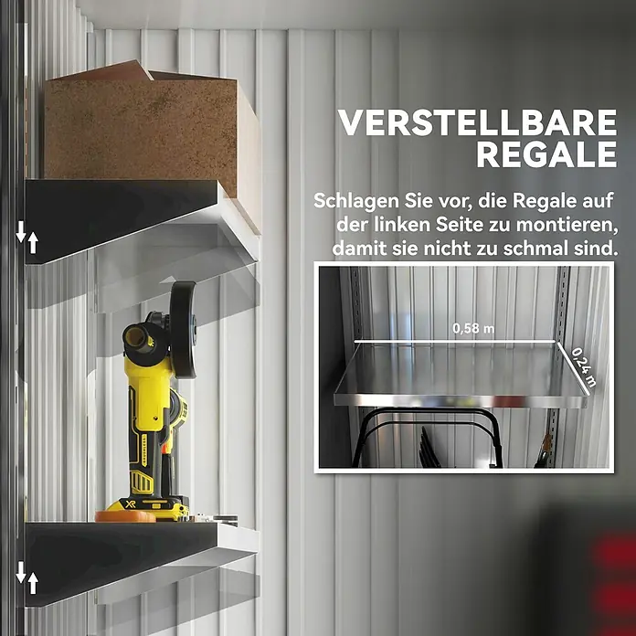 Outsunny Gerätehaus - Außenbreite inkl. Dachüberstand: 161 cm, Außentiefe inkl. Dachüberstand: 95 cm, Stahl, Grau - Verstellbare Metallregale, eines trägt einen gelben Winkelschleifer und eine Kiste. Das Bild betont die Verstellbarkeit und Abmessungen der Regale.