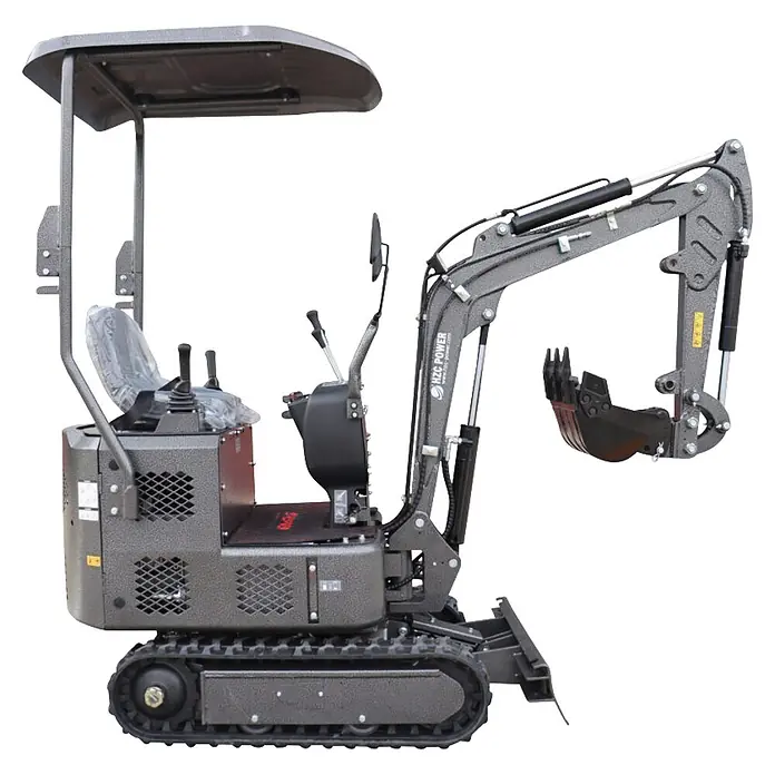HZC Power Minibagger DKB991S - 7 kW, Diesel, Auslegerschwenkbereich: -60 ° - 60 ° - Kompakter grauer Ketten-Minibagger mit Verdeck, Fahrersitz, Bedienelementen und Grabarm mit Schaufel.