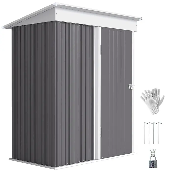 Outsunny Gerätehaus - Außenbreite inkl. Dachüberstand: 161 cm, Außentiefe inkl. Dachüberstand: 95 cm, Stahl, Grau - Dunkelgrauer Wellblech-Geräteschuppen mit weißem Dach und Zierleisten, Einzeltür. Inklusive Arbeitshandschuhe, Erdspieße und Vorhängeschloss.