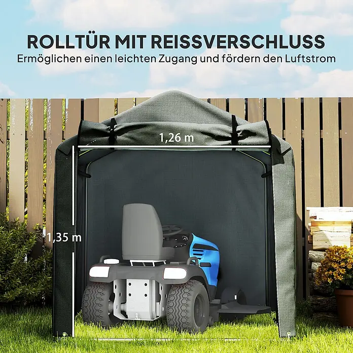 Outsunny Gerätehaus - Außenbreite inkl. Dachüberstand: 157 cm, Außentiefe inkl. Dachüberstand: 220 cm, Stahl, Dunkelgrau - Dunkelgrüner Rasenmäher-Unterstand mit Rolltür und Reißverschluss, 1,26m breit und 1,35m hoch. Bietet einfachen Zugang und Luftstrom im Garten.