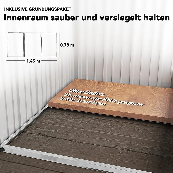 Outsunny Gerätehaus - Außenbreite inkl. Dachüberstand: 161 cm, Außentiefe inkl. Dachüberstand: 95 cm, Stahl, Grau - Schuppen-Innenraum mit Gründungspaket. Maße 1,45m x 0,78m gezeigt. Hinweis: Boden nicht enthalten, passende Platte hinzufügen.