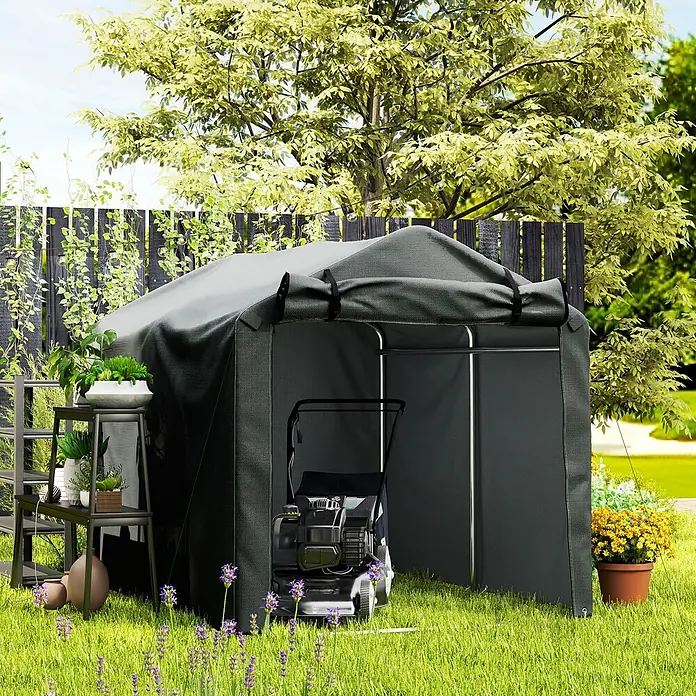 Outsunny Gerätehaus - Außenbreite inkl. Dachüberstand: 157 cm, Außentiefe inkl. Dachüberstand: 220 cm, Stahl, Dunkelgrau - Dunkelgrüner Gartenschuppen aus Stoff mit hochgerollter Frontplatte, in dem ein Rasenmäher steht.