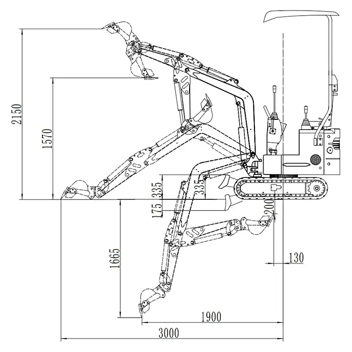 HZC Power Minibagger DKB991S - 7 kW, Diesel, Auslegerschwenkbereich: -60 ° - 60 ° - Technische Linienskizze eines Kompaktbaggers mit verschiedenen Armpositionen, die Reichweite, Grabtiefe und Gesamtabmessungen zeigt.