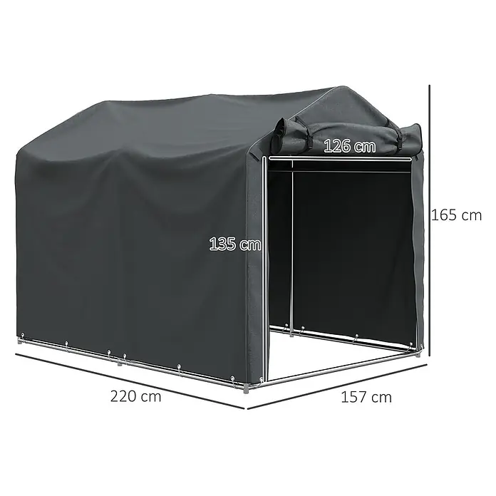 Outsunny Gerätehaus - Außenbreite inkl. Dachüberstand: 157 cm, Außentiefe inkl. Dachüberstand: 220 cm, Stahl, Dunkelgrau - Dunkelgraues tragbares Aufbewahrungszelt aus Stoff mit Metallrahmen und aufrollbarer Vorderöffnung.