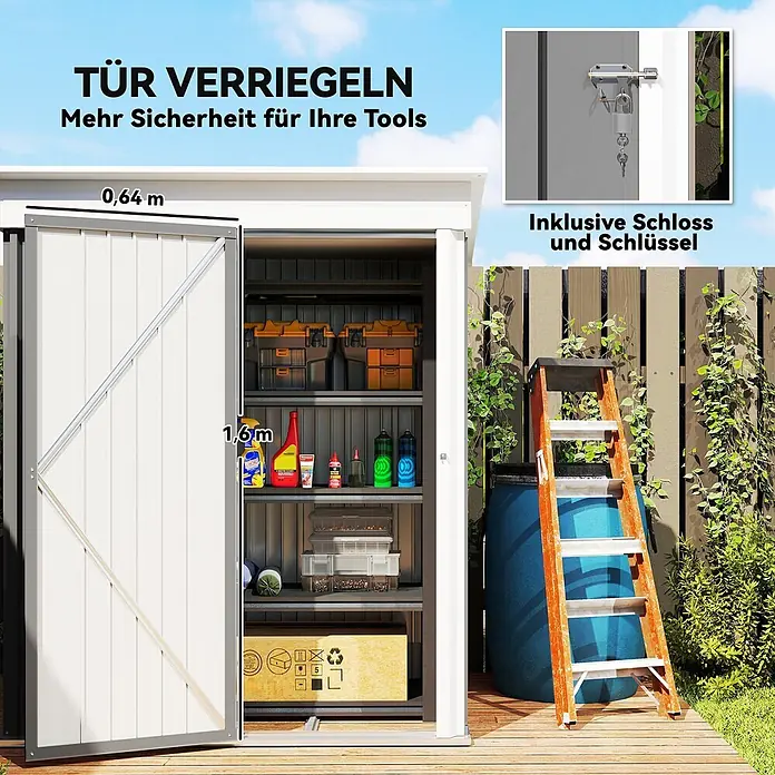 Outsunny Gerätehaus - Außenbreite inkl. Dachüberstand: 161 cm, Außentiefe inkl. Dachüberstand: 95 cm, Stahl, Grau - Gartenschrank mit offener Tür, Regalen, Werkzeugen und Maßen 0,64m x 1,6m. Inklusive Schloss und Schlüssel.