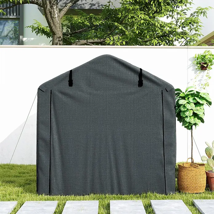 Outsunny Gerätehaus - Außenbreite inkl. Dachüberstand: 157 cm, Außentiefe inkl. Dachüberstand: 220 cm, Stahl, Dunkelgrau - Hausförmiger, dunkelgrauer Stoffunterstand mit schwarzen Schnallen, draußen platziert.