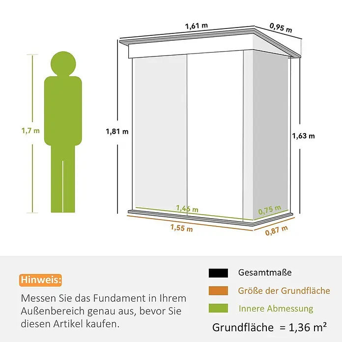 Outsunny Gerätehaus - Außenbreite inkl. Dachüberstand: 161 cm, Außentiefe inkl. Dachüberstand: 95 cm, Stahl, Grau - Maße eines Gartenschuppens mit Außen- und Innenmaßen, zusammen mit einer menschlichen Figur zur Veranschaulichung der Größe.