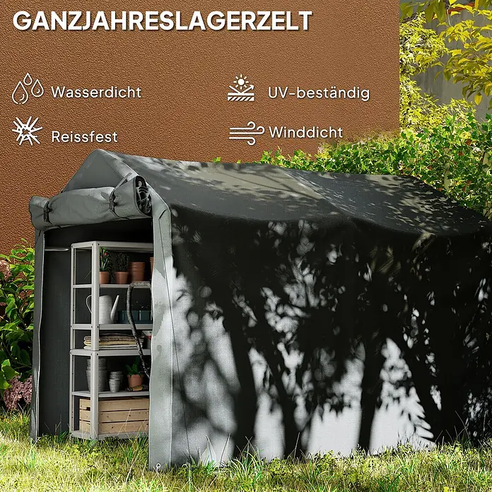 Outsunny Gerätehaus - Außenbreite inkl. Dachüberstand: 157 cm, Außentiefe inkl. Dachüberstand: 220 cm, Stahl, Dunkelgrau - Graues Ganzjahreslagerzelt im Garten, wasserdicht, UV-beständig, reißfest und winddicht, mit Regalen für Gartengeräte.