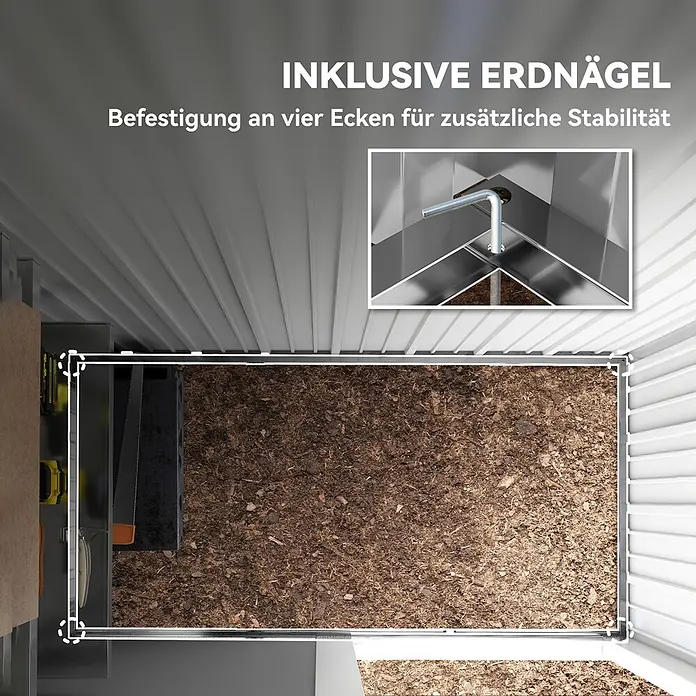 Outsunny Gerätehaus - Außenbreite inkl. Dachüberstand: 161 cm, Außentiefe inkl. Dachüberstand: 95 cm, Stahl, Grau - Graues Hochbeet aus Metall mit Erde gefüllt, an den Ecken mit Erdnägeln gesichert.