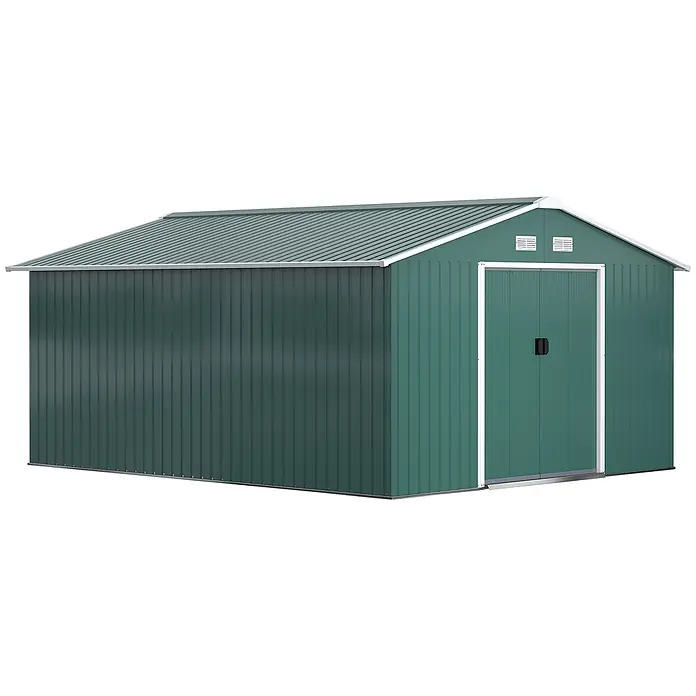 Outsunny Gerätehaus - Außenbreite inkl. Dachüberstand: 340 cm, Außentiefe inkl. Dachüberstand: 386 cm, Stahl, Dunkelgrün - Grüner Metallgeräteschuppen mit Giebeldach und Doppeltüren.
