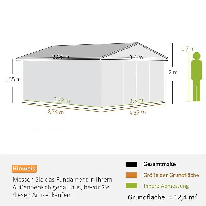 Outsunny Gerätehaus - Außenbreite inkl. Dachüberstand: 340 cm, Außentiefe inkl. Dachüberstand: 385 cm, Stahl, Hellgrau - Diagramm eines grauen Gartenhauses mit Gesamtmaßen (z.B. 3,86x3,4m, 2m hoch) und Innenmaßen, plus menschlicher Figur zur Skalierung.