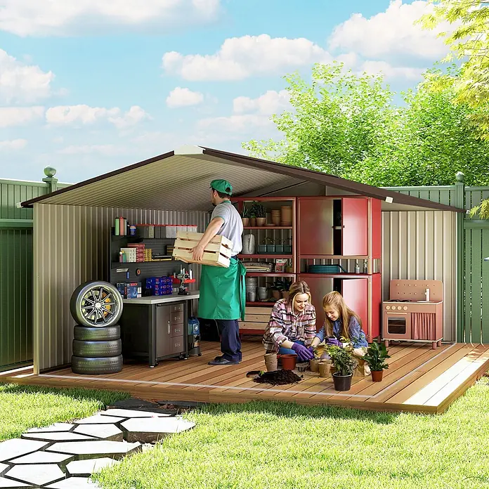 Outsunny Gerätehaus - Außenbreite inkl. Dachüberstand: 331 cm, Außentiefe inkl. Dachüberstand: 373 cm, Stahl, Gelb - Eine Familie nutzt einen Wellblechschuppen mit braunem Dach und rotem Stauraum im Garten zum Gärtnern und Werkzeuglagern.