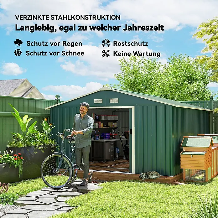 Outsunny Gerätehaus - Außenbreite inkl. Dachüberstand: 340 cm, Außentiefe inkl. Dachüberstand: 386 cm, Stahl, Dunkelgrün - Grüner Geräteschuppen aus verzinktem Stahl im Garten, langlebig und wetterfest für alle Jahreszeiten.