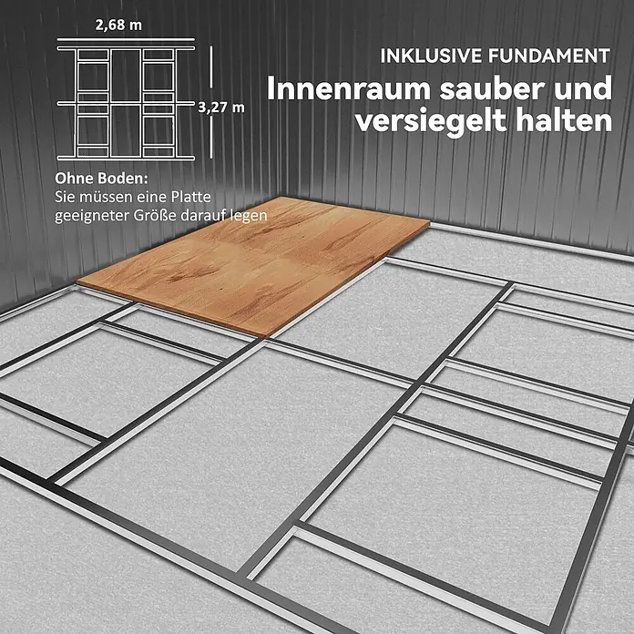 Outsunny Gerätehaus - Außenbreite inkl. Dachüberstand: 340 cm, Außentiefe inkl. Dachüberstand: 385 cm, Stahl, Hellgrau - Metallfundamentrahmen für ein Gartenhaus mit teilweise verlegtem Holzfußboden. Maße: 2,68 m x 3,27 m.