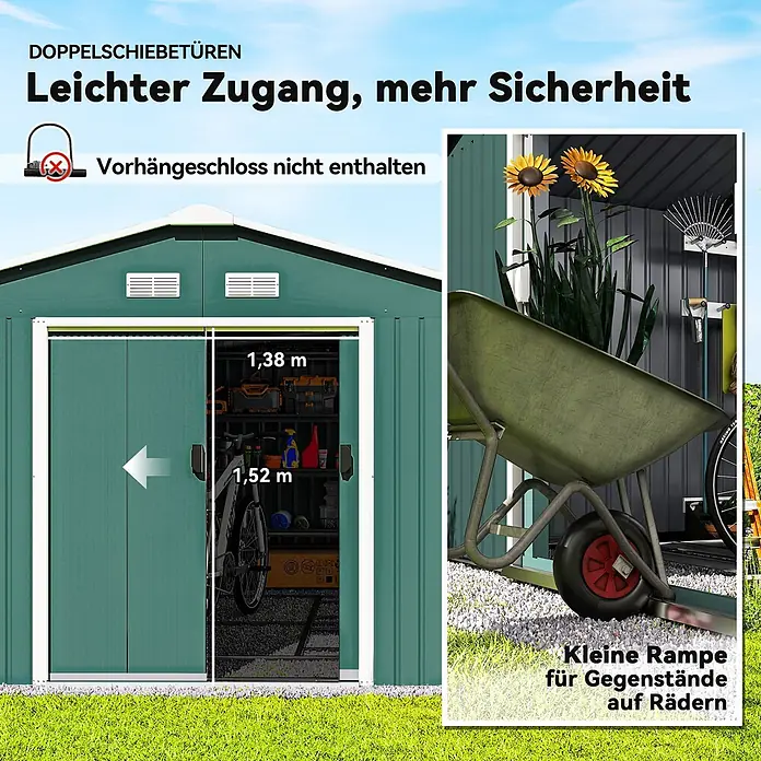Outsunny Gerätehaus - Außenbreite inkl. Dachüberstand: 340 cm, Außentiefe inkl. Dachüberstand: 386 cm, Stahl, Dunkelgrün - Grüner Geräteschuppen mit Doppelschiebetüren (1,38m B x 1,52m H) und integrierter Rampe für leichten Zugang.