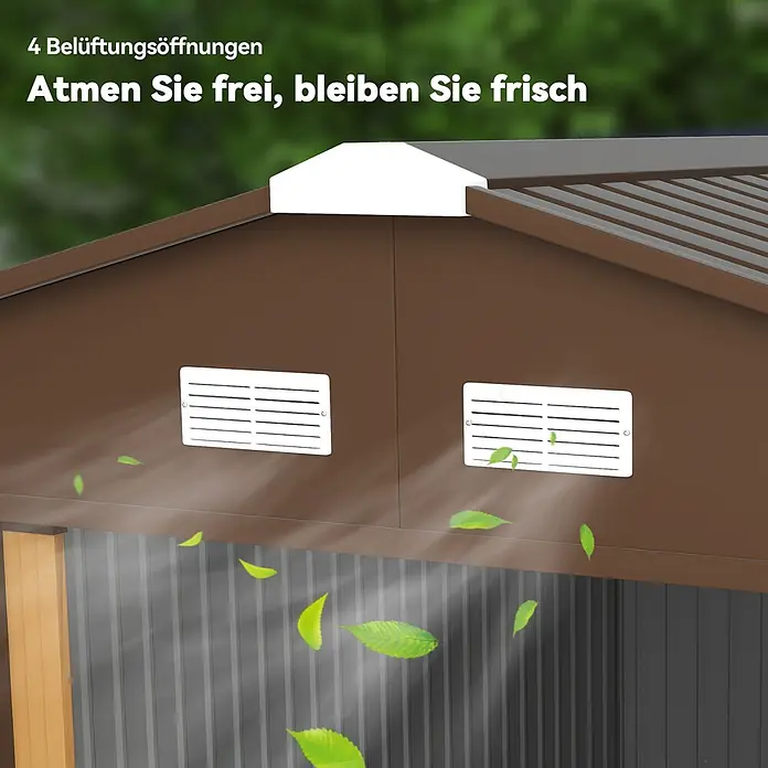 Outsunny Gerätehaus - Außenbreite inkl. Dachüberstand: 331 cm, Außentiefe inkl. Dachüberstand: 373 cm, Stahl, Gelb - Braunes Gartenhaus mit 4 Lüftungsöffnungen, Frischluftzufuhr dargestellt durch fliegende Blätter.