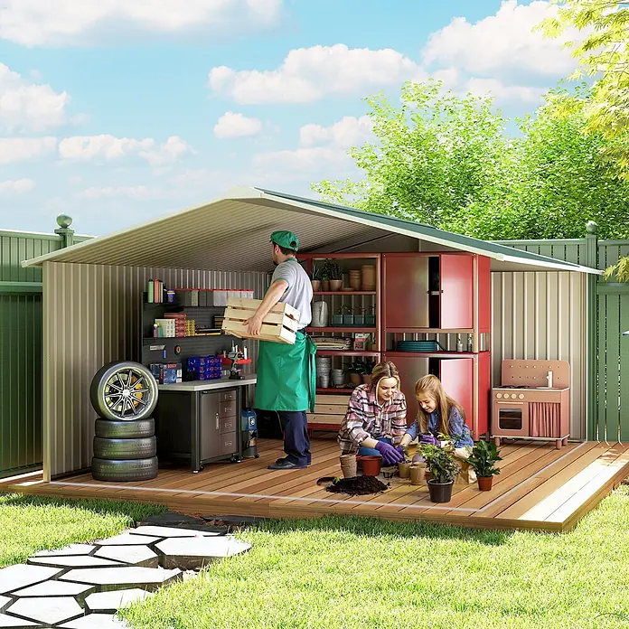Outsunny Gerätehaus - Außenbreite inkl. Dachüberstand: 340 cm, Außentiefe inkl. Dachüberstand: 386 cm, Stahl, Dunkelgrün - Familie nutzt metallischen Gartenschuppen mit Holzdeck zum Gärtnern und Lagern. Er hat Wellblechwände und integrierte Regale.