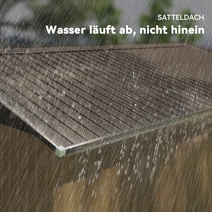 Outsunny Gerätehaus - Außenbreite inkl. Dachüberstand: 331 cm, Außentiefe inkl. Dachüberstand: 373 cm, Stahl, Gelb - Transparentes Satteldach im Regen, das eine ausgezeichnete Wasserableitung zeigt.