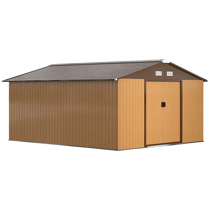 Outsunny Gerätehaus - Außenbreite inkl. Dachüberstand: 331 cm, Außentiefe inkl. Dachüberstand: 373 cm, Stahl, Gelb - Zweifarbiger brauner Metall-Gartenschuppen mit schrägem Dach und doppelten Schiebetüren.