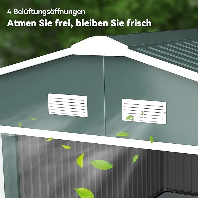 Outsunny Gerätehaus - Außenbreite inkl. Dachüberstand: 340 cm, Außentiefe inkl. Dachüberstand: 386 cm, Stahl, Dunkelgrün - Dunkelgrüner Geräteschuppen mit vier weißen Lüftungsöffnungen, die Frischluftzirkulation anzeigen.