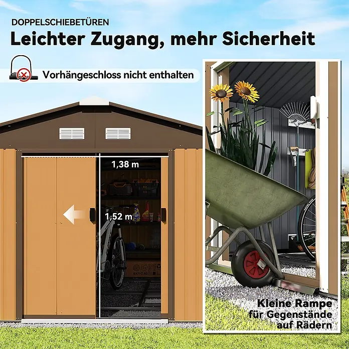 Outsunny Gerätehaus - Außenbreite inkl. Dachüberstand: 331 cm, Außentiefe inkl. Dachüberstand: 373 cm, Stahl, Gelb - Brauner Metall-Gartenschuppen mit Doppelschiebetüren (1,38m breit, 1,52m hoch) und kleiner Rampe für leichten Zugang.