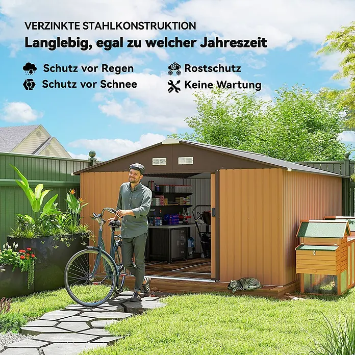 Outsunny Gerätehaus - Außenbreite inkl. Dachüberstand: 331 cm, Außentiefe inkl. Dachüberstand: 373 cm, Stahl, Gelb - Brauner Garten-Geräteschuppen aus verzinktem Stahl in einem Garten. Robust, wetterfest und rostbeständig, ideal zur Aufbewahrung im Freien.