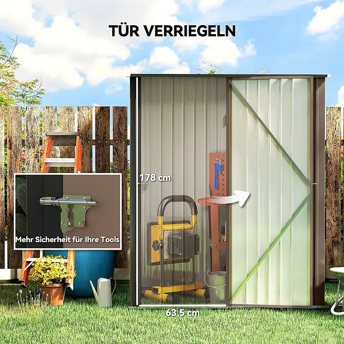 Outsunny Gerätehaus - Außenbreite inkl. Dachüberstand: 162 cm, Außentiefe inkl. Dachüberstand: 95 cm, Stahl, Braun - Metall-Gartenschuppen mit offener Schiebetür. Die Türöffnung ist 178 cm hoch und 63,5 cm breit, versehen mit einem grünen Riegel für mehr Sicherheit.