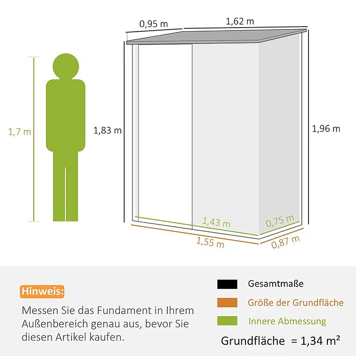 Outsunny Gerätehaus - Außenbreite inkl. Dachüberstand: 162 cm, Außentiefe inkl. Dachüberstand: 95 cm, Stahl, Braun - Maße eines Geräteschuppens, mit Außen- und Innenmaßen sowie Stellfläche und menschlicher Figur zum Größenvergleich.