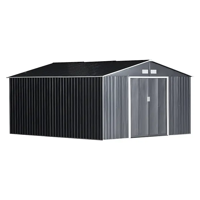 Outsunny Gerätehaus - Außenbreite inkl. Dachüberstand: 340 cm, Außentiefe inkl. Dachüberstand: 386 cm, Stahl, Dunkelgrau - Dunkelgraues Wellblech-Gerätehaus mit Satteldach und doppelten Schiebetüren.
