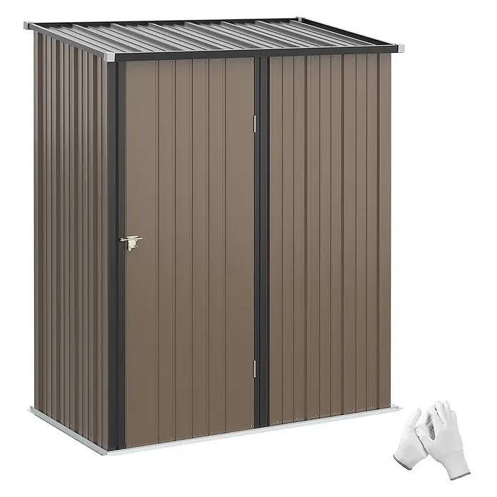 Outsunny Gerätehaus - Außenbreite inkl. Dachüberstand: 162 cm, Außentiefe inkl. Dachüberstand: 95 cm, Stahl, Braun - Brauner Metall-Gartenschuppen mit dunklem Wellblechdach und Doppeltüren.